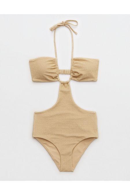 Aerie Sparkle Halter Cutout One Piece Swimsuit Women's Golden Oak XL Long Product Image