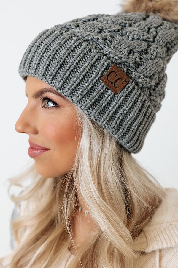 Fall Hike Faux Fur Pom Beanie in Dark Grey Product Image