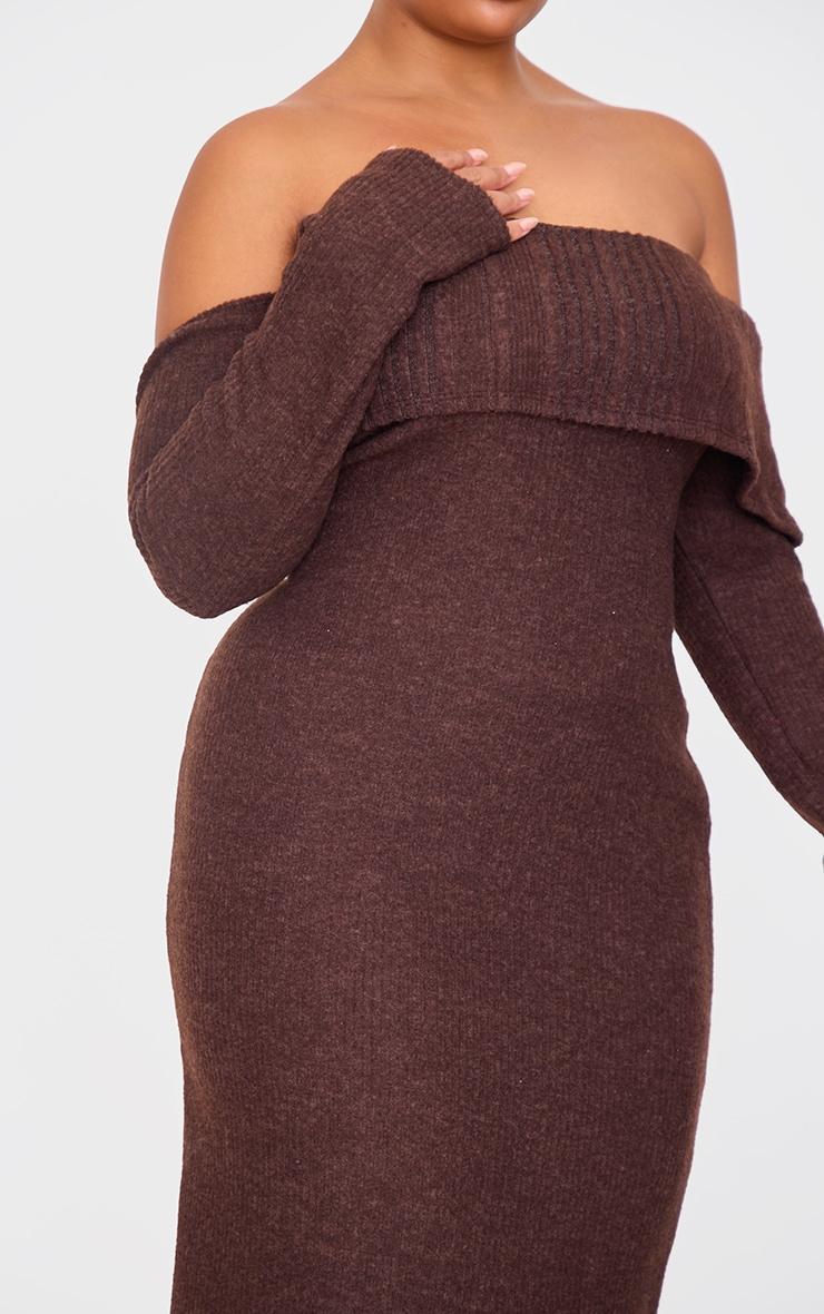 Plus Chocolate Brushed Rib Bardot Maxi Dress Product Image