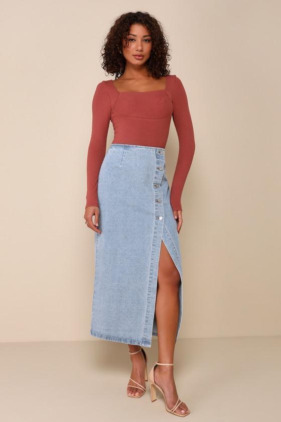 Covetable Cutie Light Wash Denim Button-Front Midi Skirt Product Image