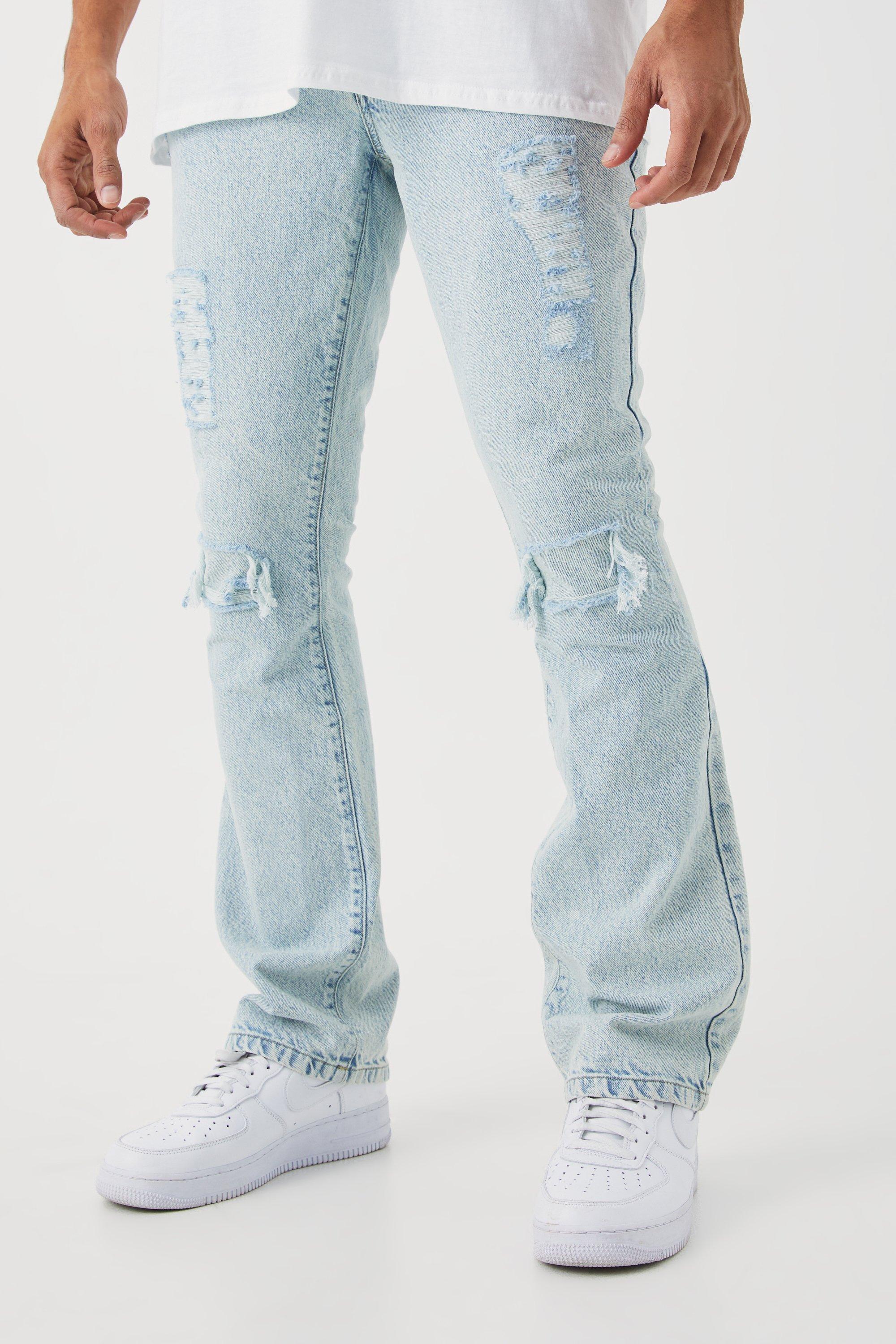 Mens Blue Slim Flare Rip And Repair Jeans, Blue Product Image