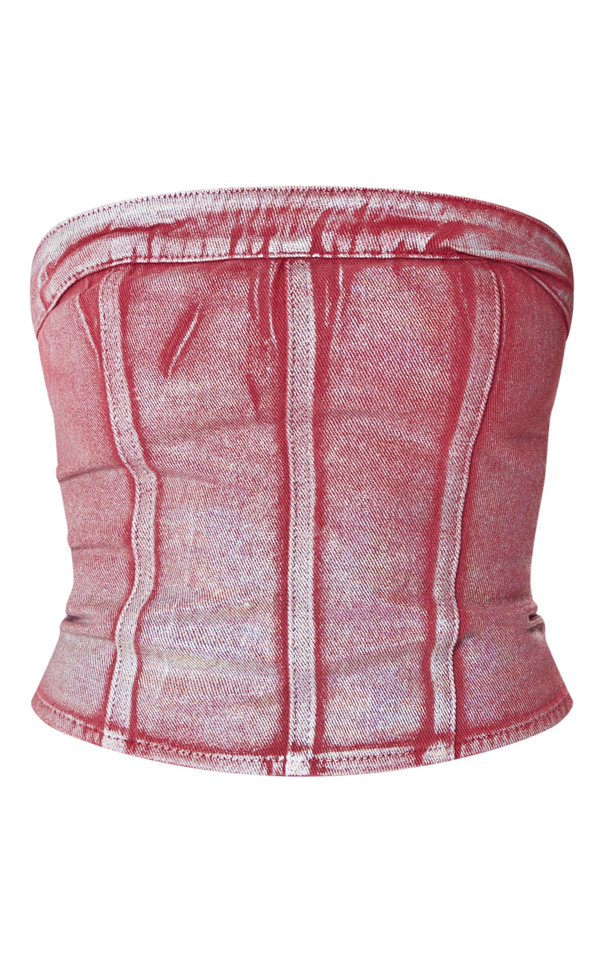 Cherry Red Silver Metallic Foil Effect Denim Corset Top Product Image