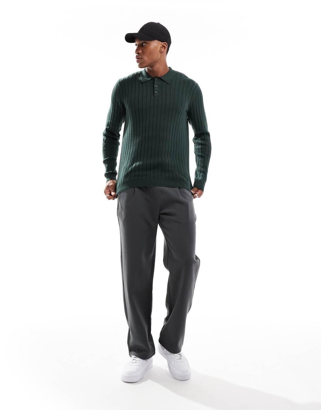 ASOS DESIGN essential muscle fit knit rib polo neck sweater in dark green Product Image