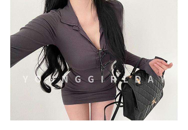 Long Sleeve Open Placket Plain Mini Sheath Polo Dress Product Image