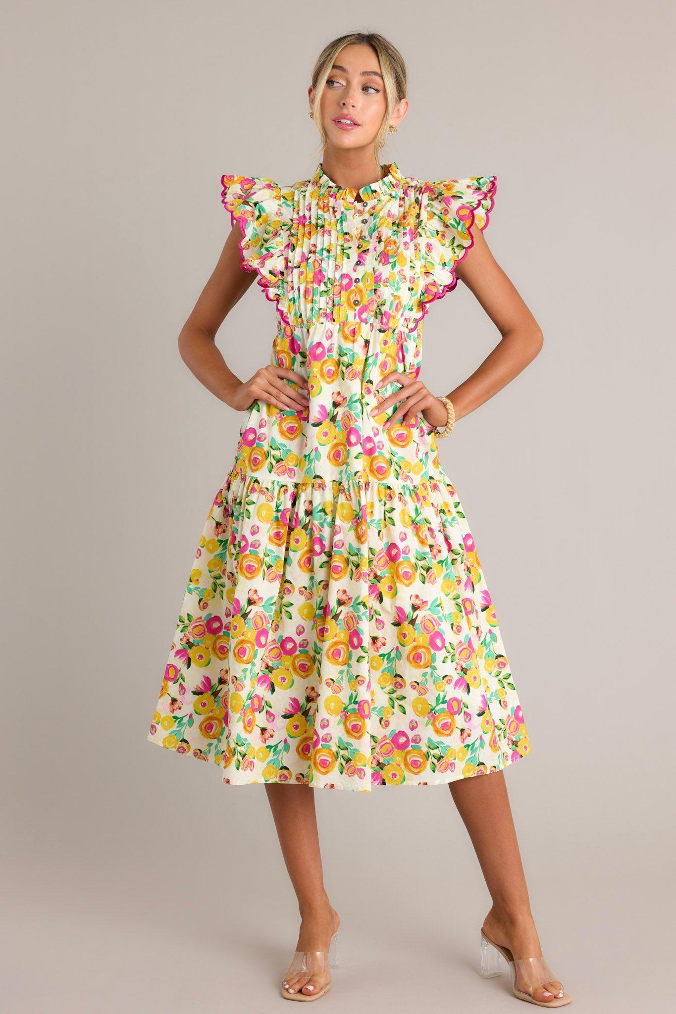 Blossoming Love 100% Cotton Yellow Floral Midi Dress Product Image