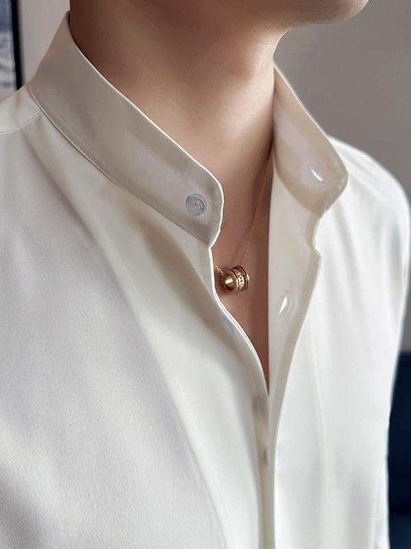 Long-Sleeve Band Collar Plain Shirt Product Image