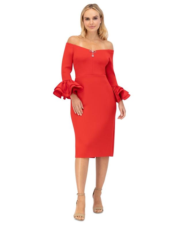 Eliza J Womens Ruffled-Cuff Off-The-Shoulder Cocktail Dress Product Image