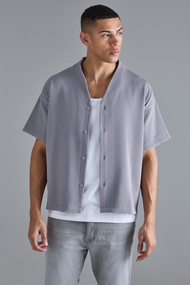 Pleated Boxy Short Sleeve Collarless Shirt | boohooMAN USA Product Image