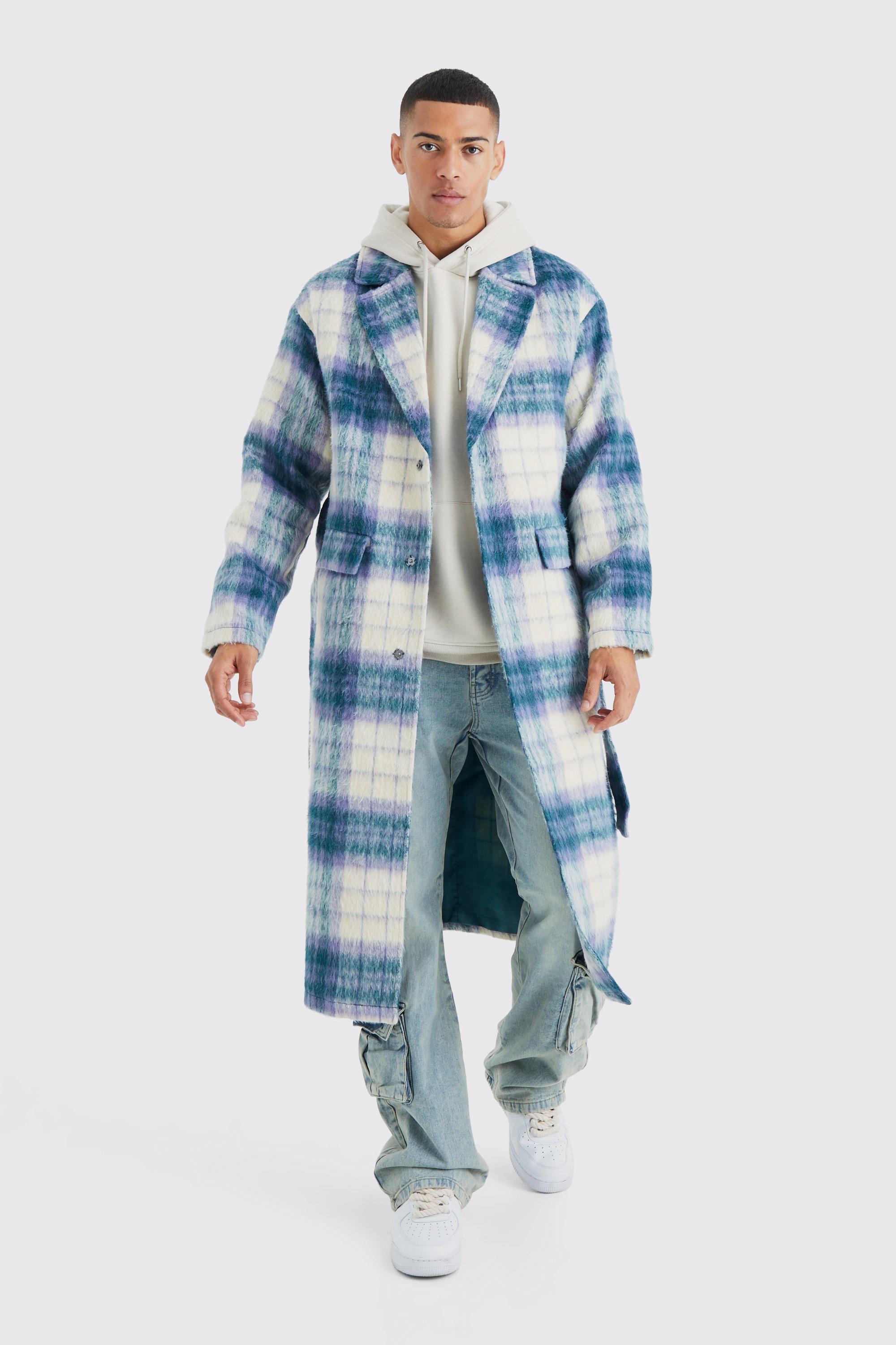 Mens Blue Longline Brushed Check Belted Overcoat, Blue Product Image