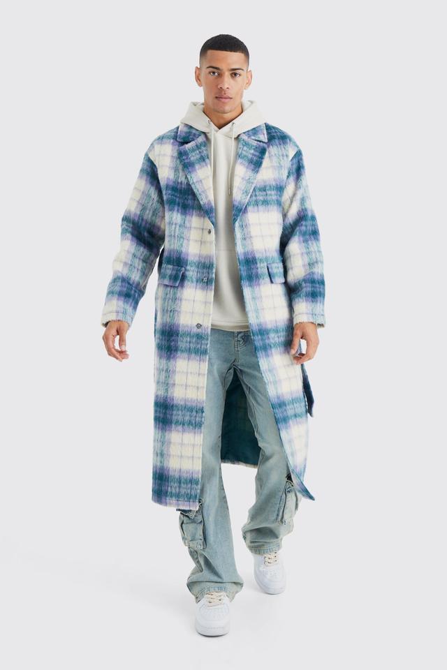 Longline Brushed Plaid Belted Overcoat | boohooMAN USA Product Image