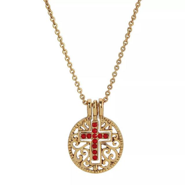 1928 Gold Tone Birthstone Crystal Cross Pendant Necklace, Womens, Red Product Image