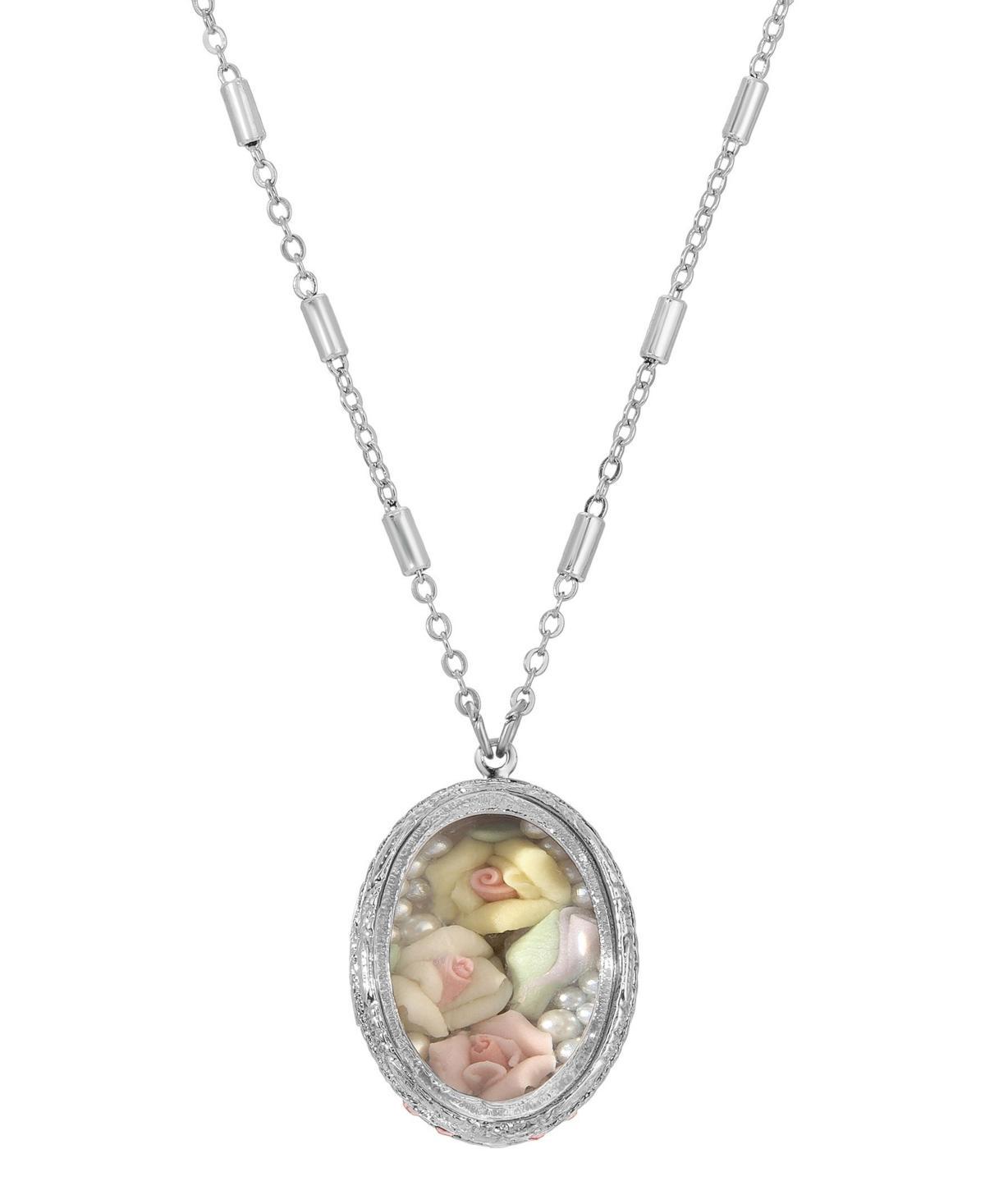 1928 Silver-Tone Floral Pendant Necklace, Womens, Pink Product Image