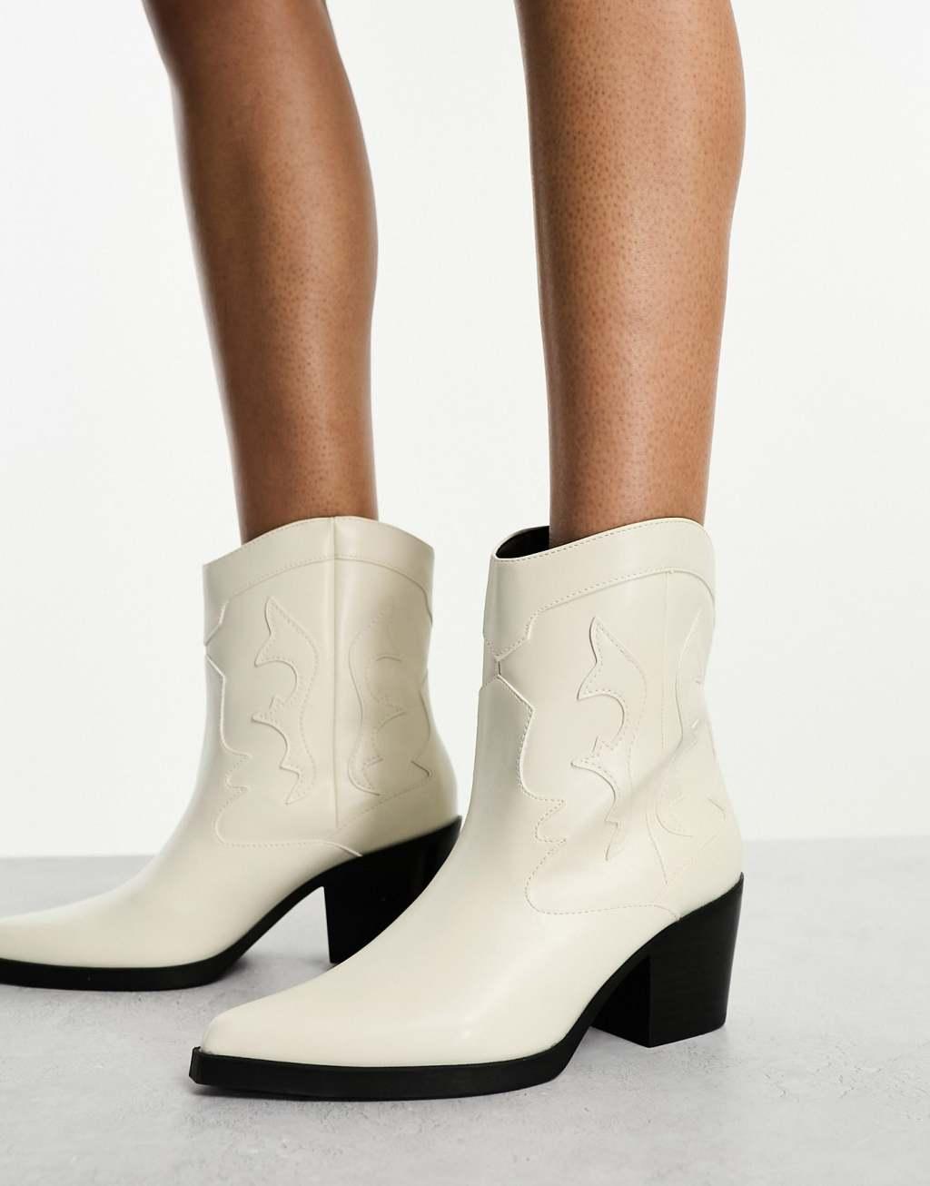 Bershka faux leather cowboy boots in off white Product Image