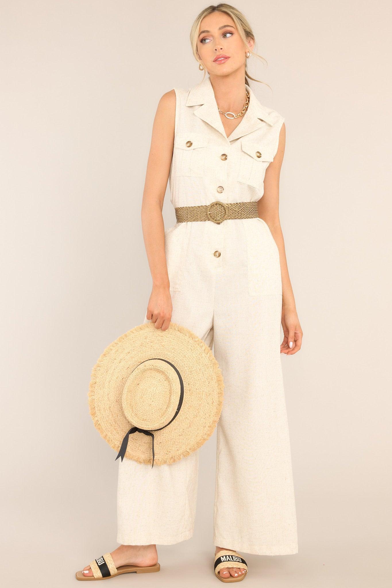 World View Oatmeal Belted Jumpsuit Beige Product Image