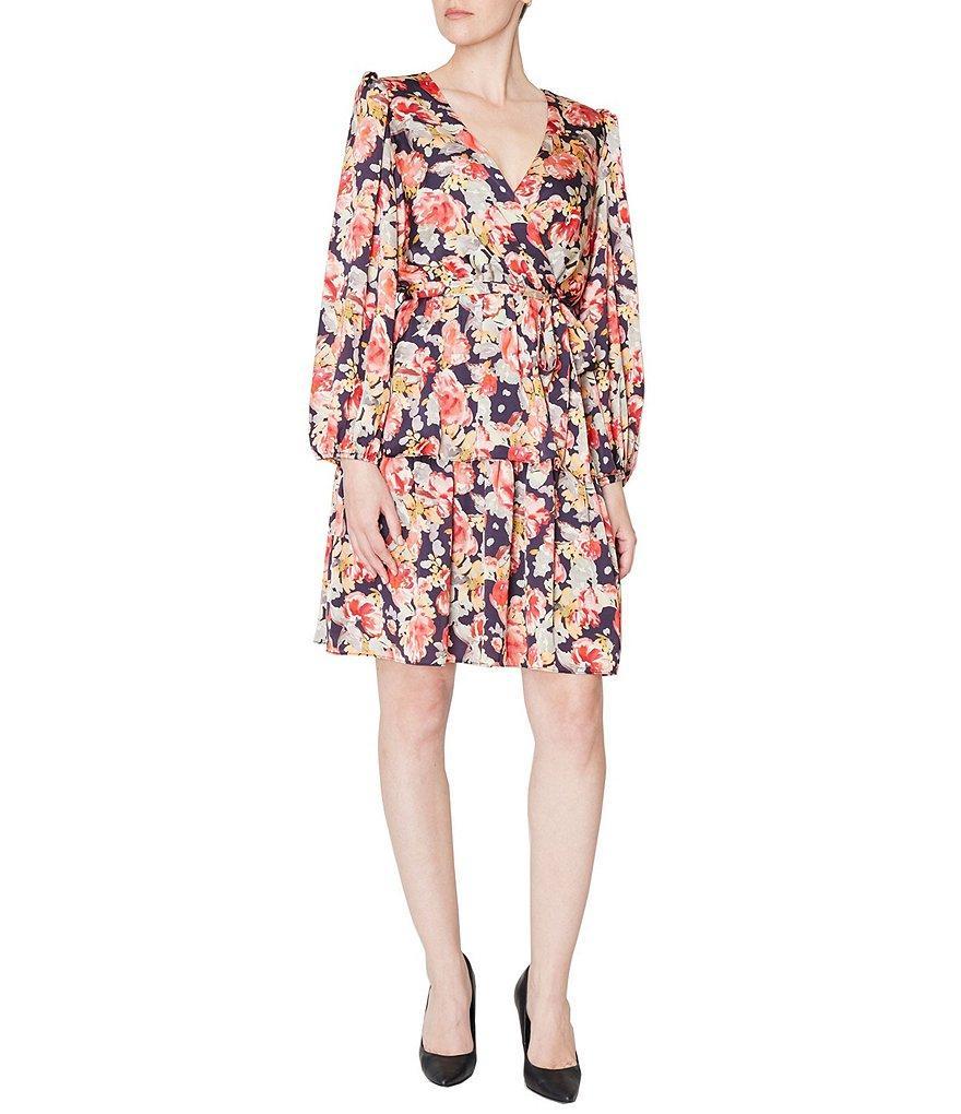 Julia Jordan Satin Floral Surplice V-Neckline Long Sleeve Dress Product Image