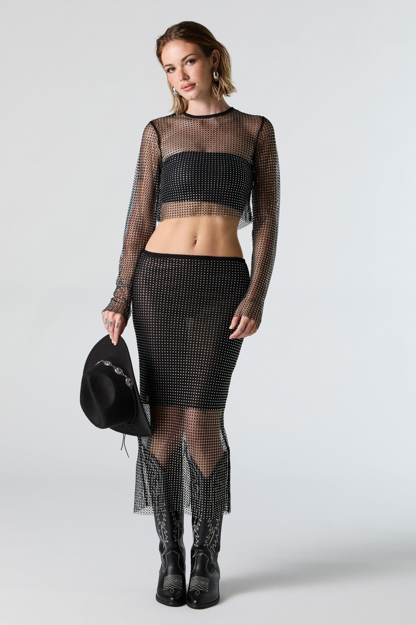 Fishnet Rhinestone Long Sleeve Crop Top Female Product Image