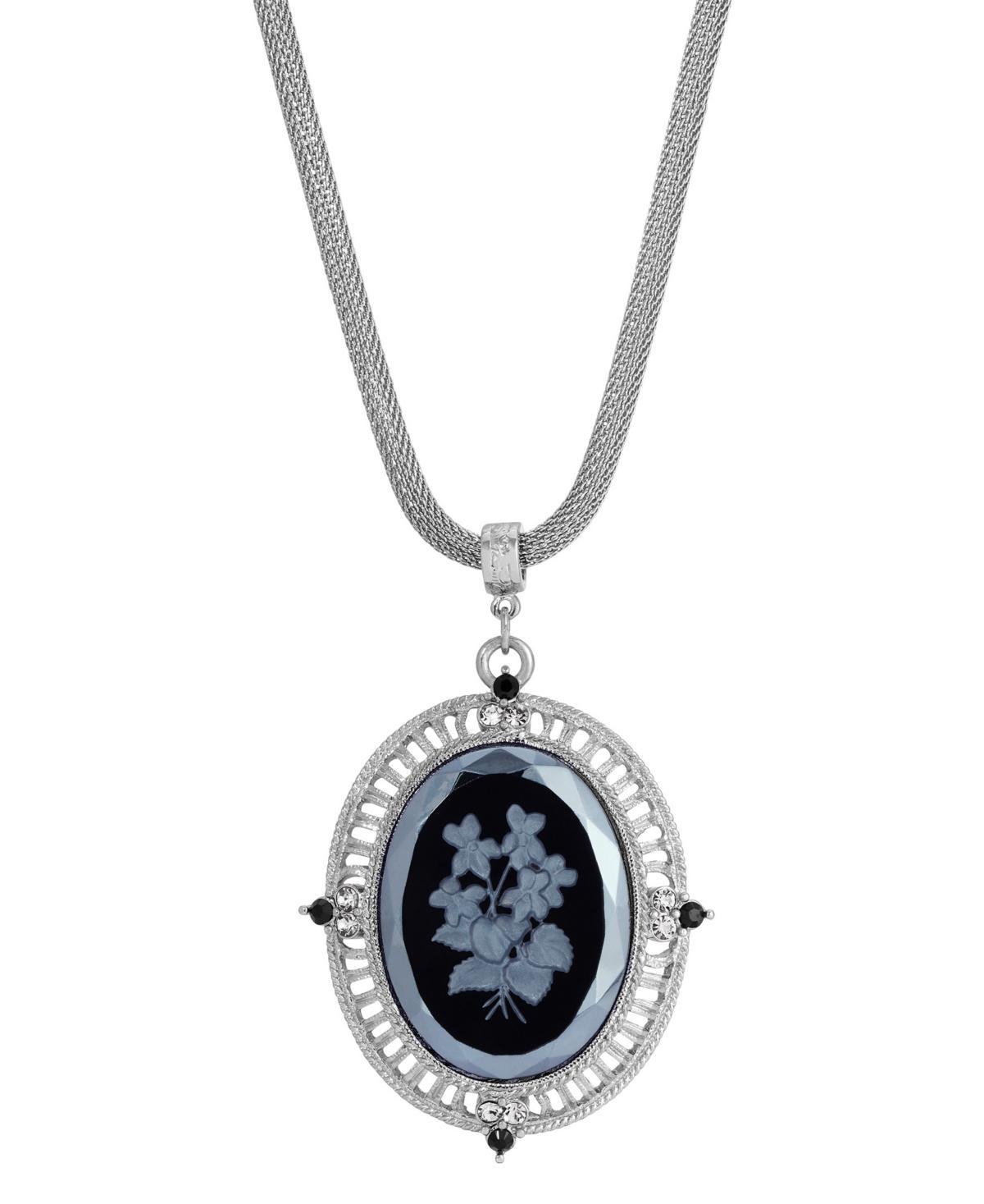 1928 Silver Tone Floral Pendant Necklace, Womens Black Product Image