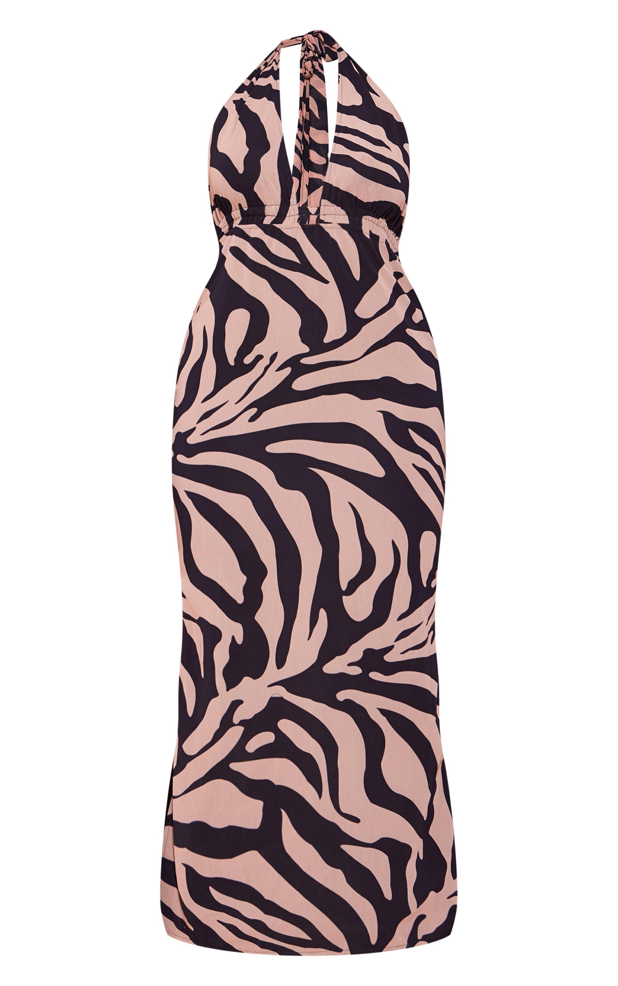 Plus Stone Zebra Printed Chiffon Halterneck Maxi Dress Product Image