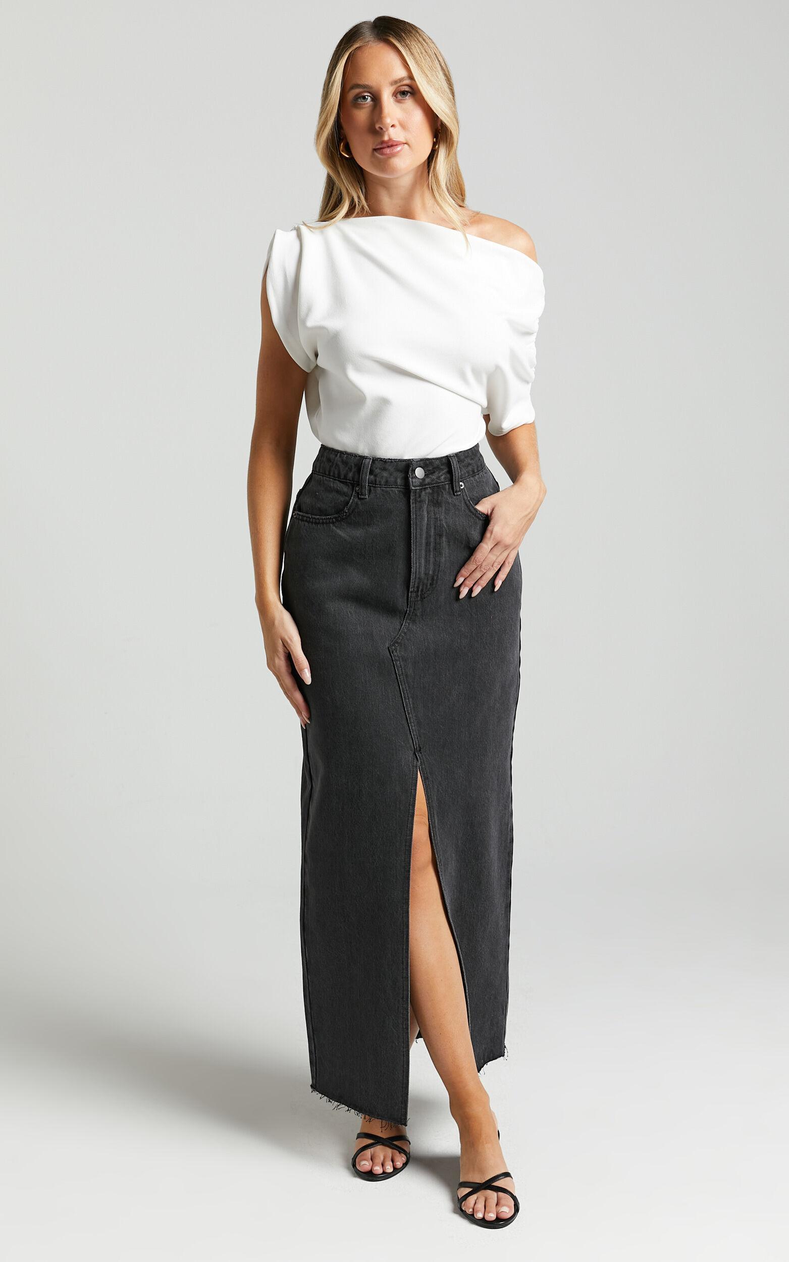 Kira Midi Skirt - Front Split Denim Skirt in Washed Black Product Image