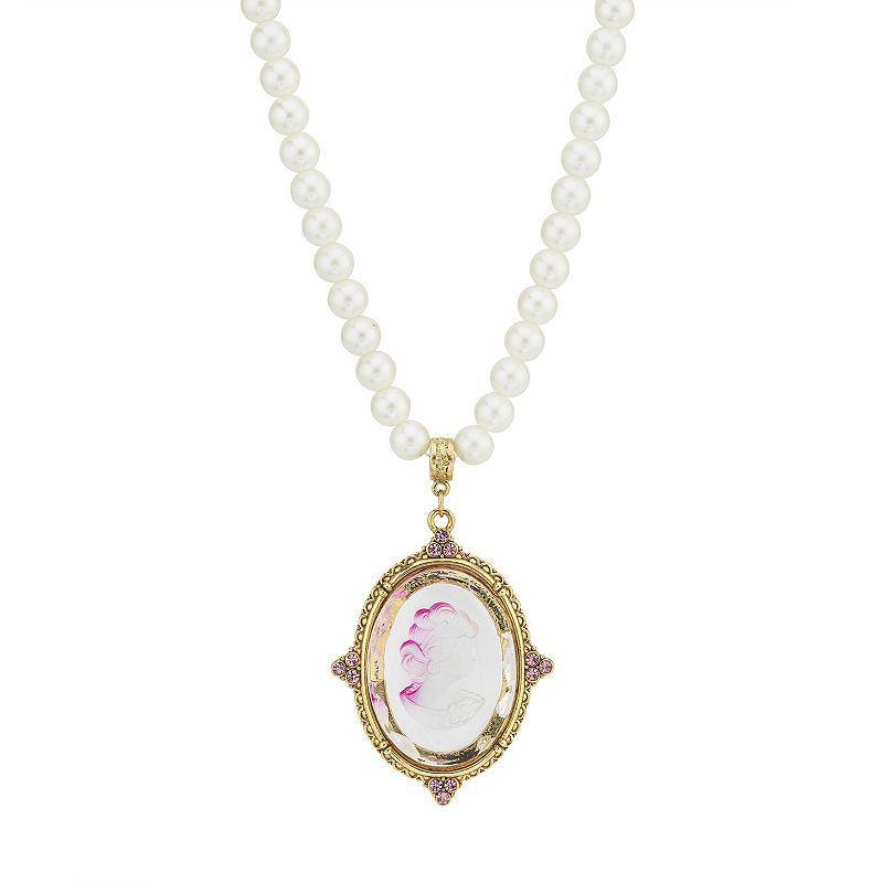 1928 Gold Tone Simulated Pearl & Pink Intaglio Cameo Pendant Necklace, Womens Product Image