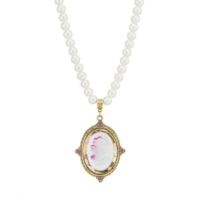 1928 Gold Tone Simulated Pearl & Pink Intaglio Cameo Pendant Necklace, Womens Product Image