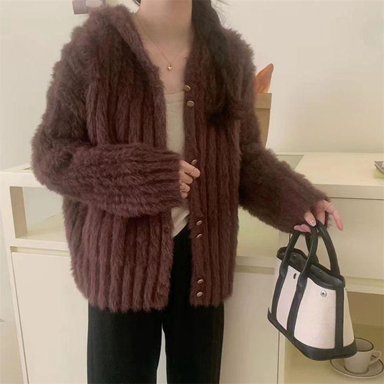 Plain Fluffy Hooded Button-Up Cardigan Product Image