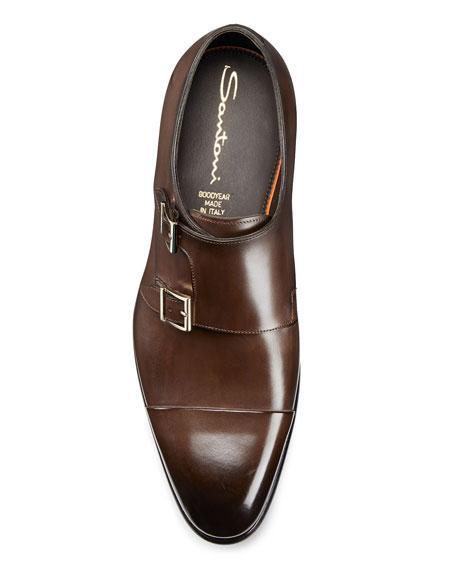 SANTONI Double Monk-strap Leather Shoes In Brown Product Image