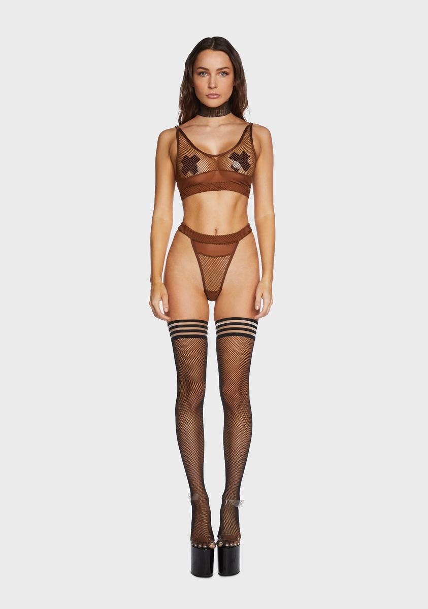 Forplay Fishnet Bralette And Thong Panty Lingerie Set - Brown Product Image