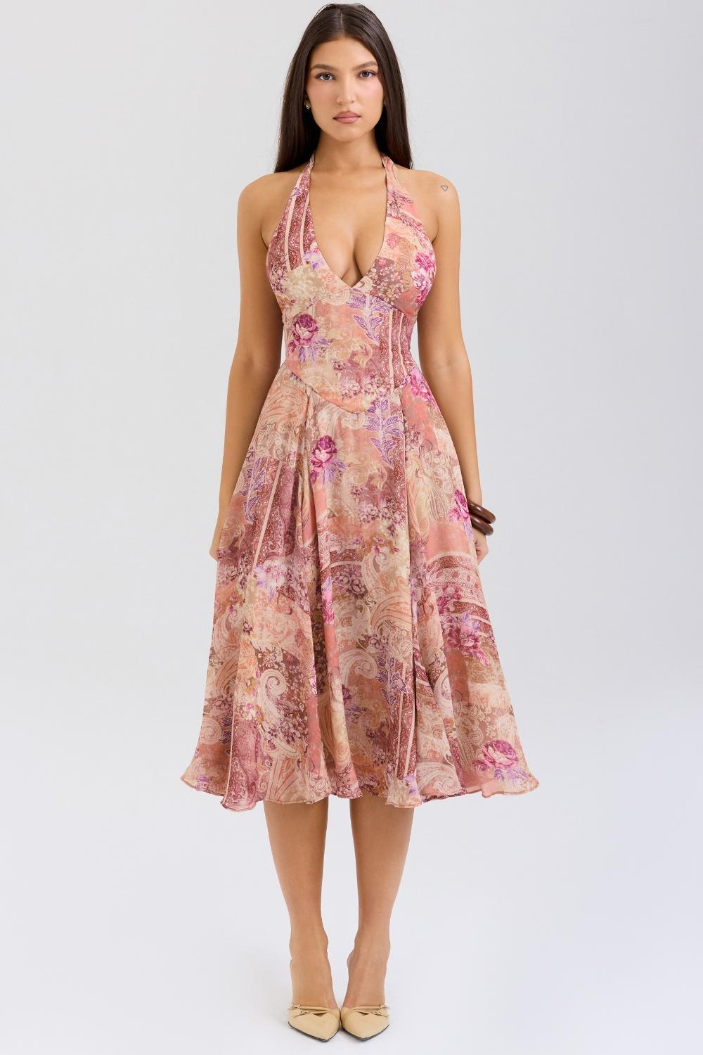 Solada Paisley Patchwork Print Georgette Halter Sundress Product Image