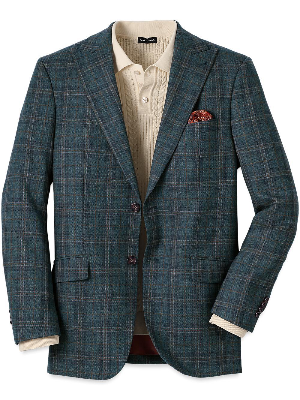 Wool Plaid Single Breasted Peak Lapel Sport Coat - Teal Product Image