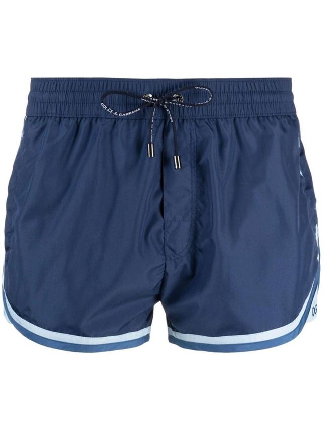 Short Swim Trunks With Contrasting-colored Trims In Blue Product Image