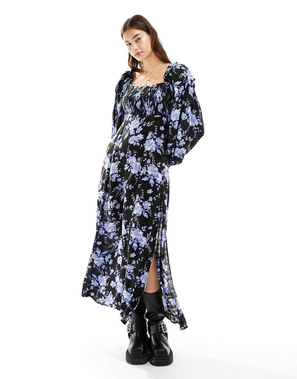 Free People floral print midaxi smock dress in black Product Image