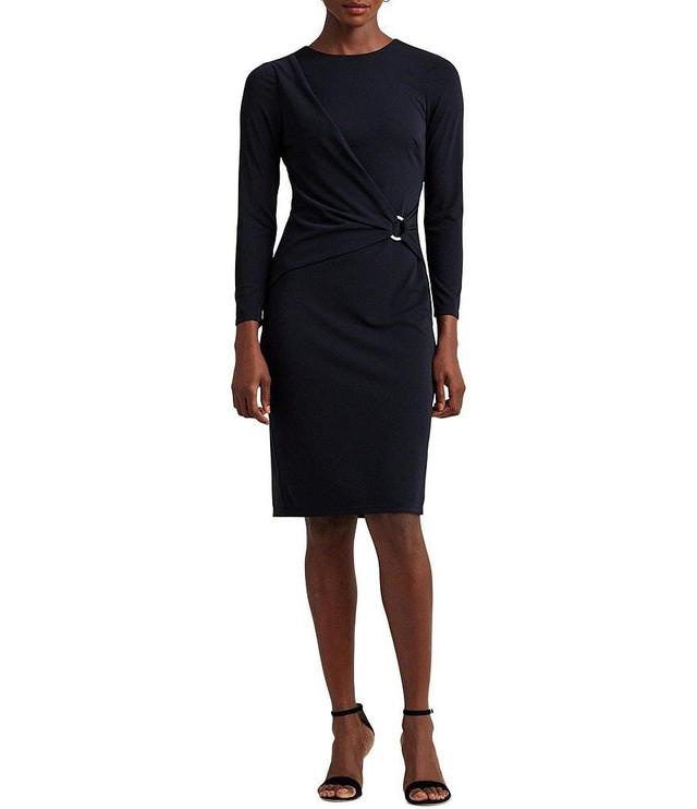 Lauren Ralph Lauren Stretch Jersey Round Neck 3/4 Sleeve Ruched Dress Product Image