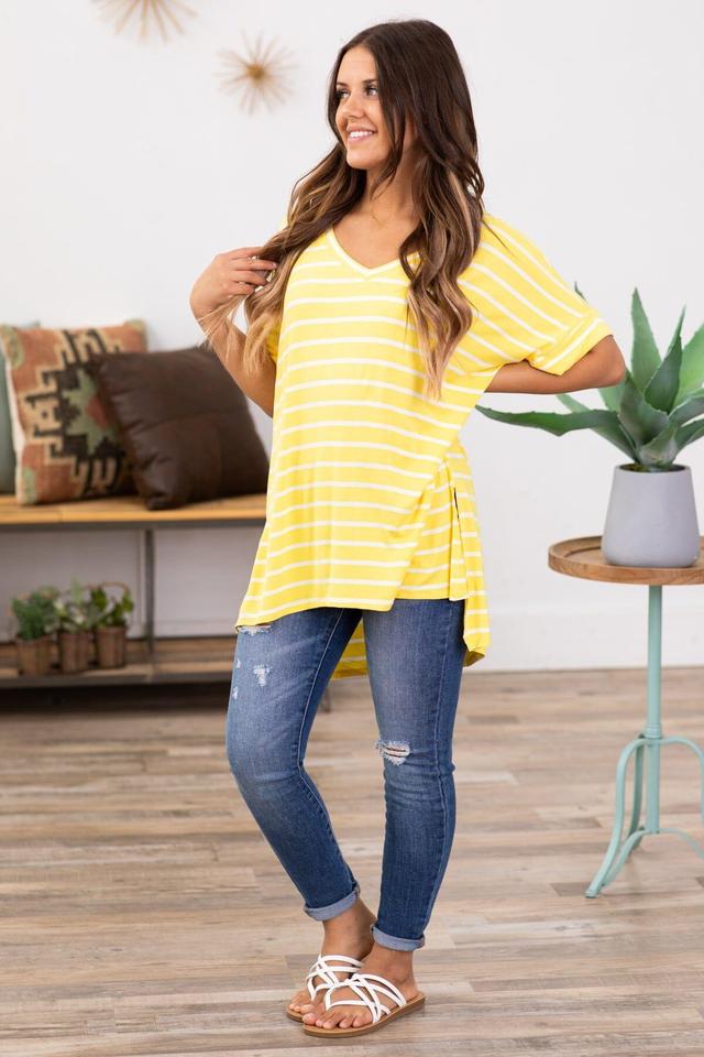 Yellow and Off White Stripe V-Neck Top Product Image