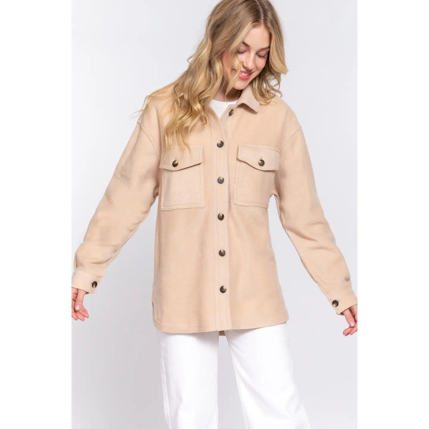 Beige Long Sleeve Notched Collar Front Pocket Fleece Jacket Female Product Image