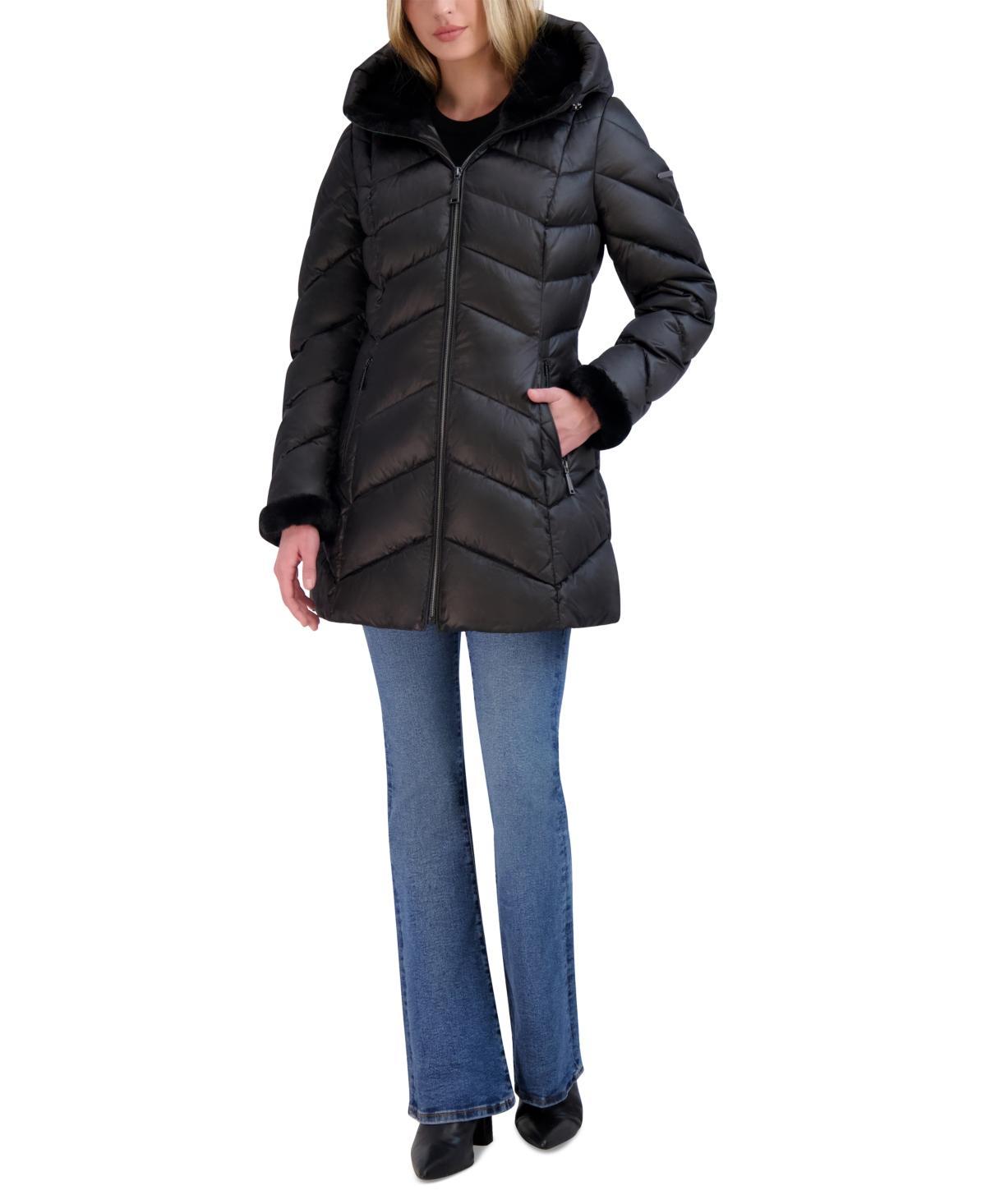 Laundry by Shelli Segal Womens Shine Faux-Fur-Trim Hooded Puffer Coat Product Image