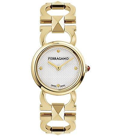 Salvatore Ferragamo Womens Swiss Gold Ion Plated Stainless Steel Stud Link Bracelet Watch 25mm Product Image