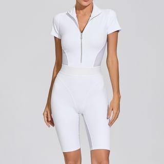 Short Sleeve Mock Neck Plain Half Zip Sports Romper Product Image