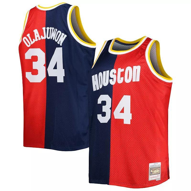 Mens Mitchell & Ness Hakeem Olajuwon /Red Houston Rockets Big & Tall Hardwood Classics 1993/94 Split Swingman Jersey Blue Product Image