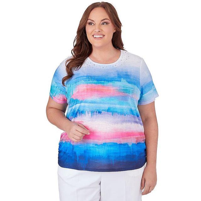 Plus Size Alfred Dunner Crew Neck Short Sleeve Watercolor Stripe Top with Side Ruching, Womens Product Image