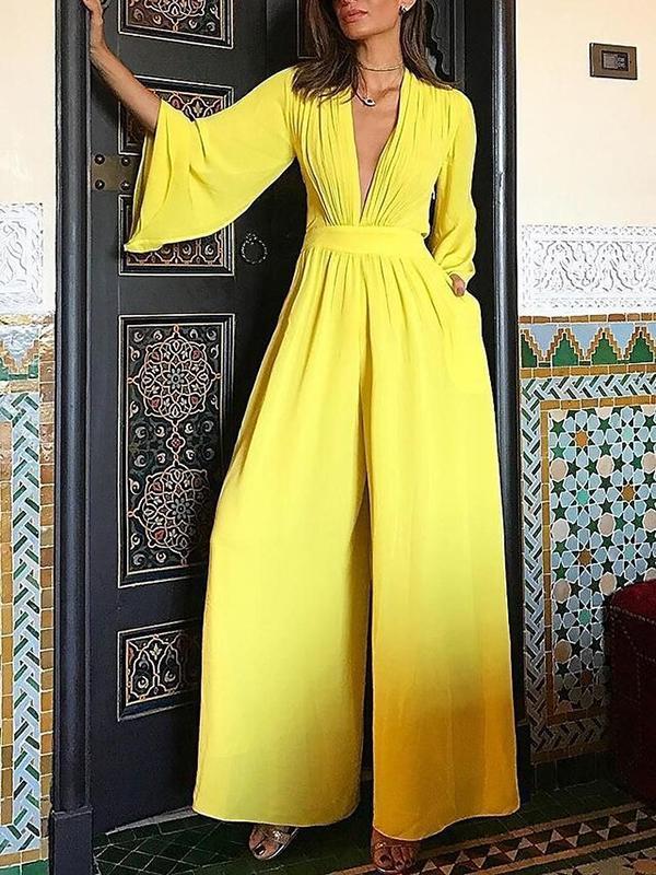 High Waisted Long Sleeves Pleated Solid Color Deep V-Neck Jumpsuits Product Image