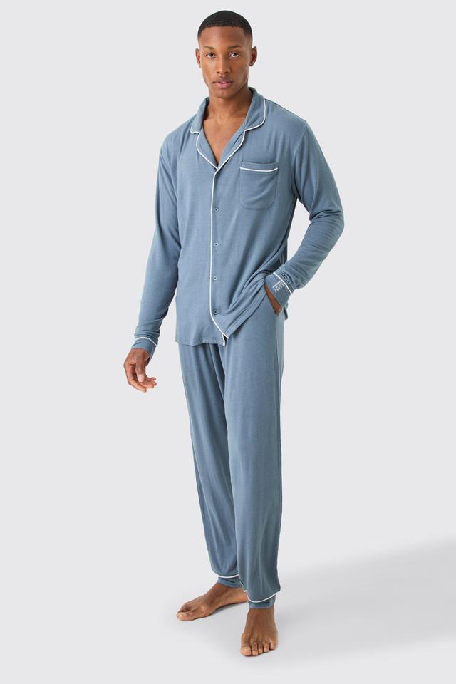 Mens Blue Premium Modal Mix Relaxed Lounge Shirt & Bottom Set, Blue Product Image