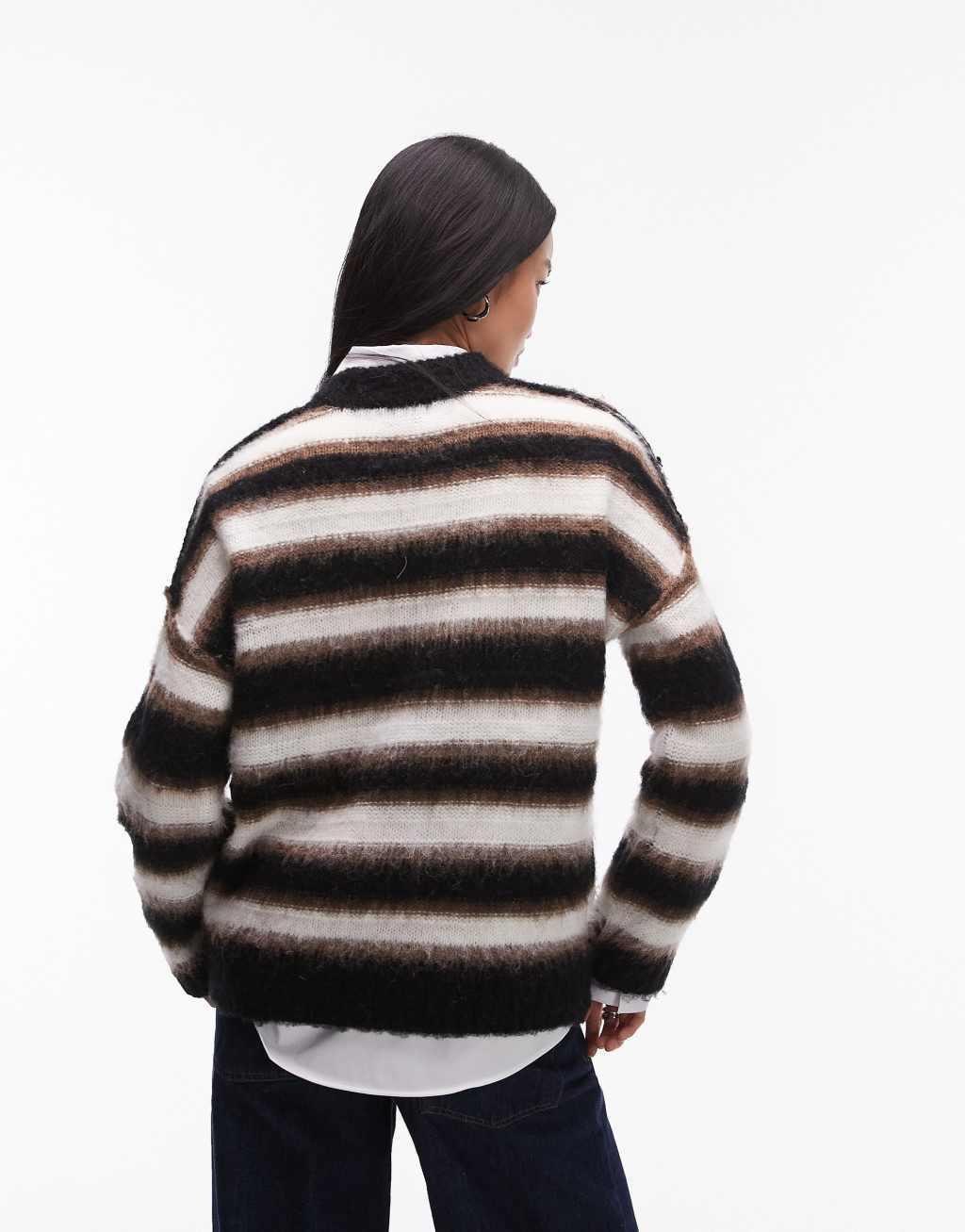 Topshop knitted neutral stripe oversized sweater in black and brown Product Image