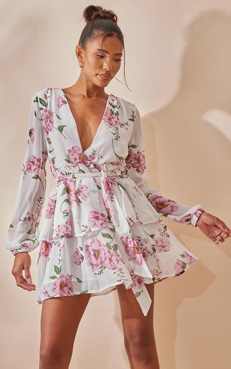 White Floral Chiffon Double Tier Plunge Skater Dress Product Image