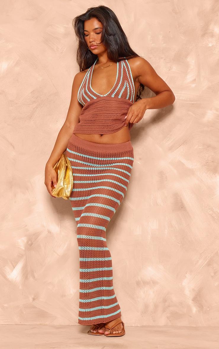 Mocha Stripe Crochet Knit Plunge Crop Top Product Image