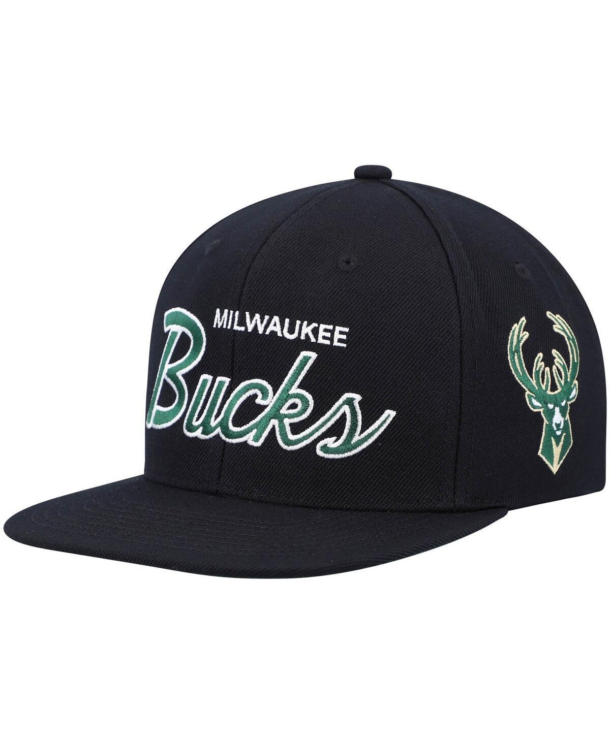 Mens Mitchell & Ness Black Milwaukee Bucks Hardwood Classics Script 2.0 Snapback Hat Product Image