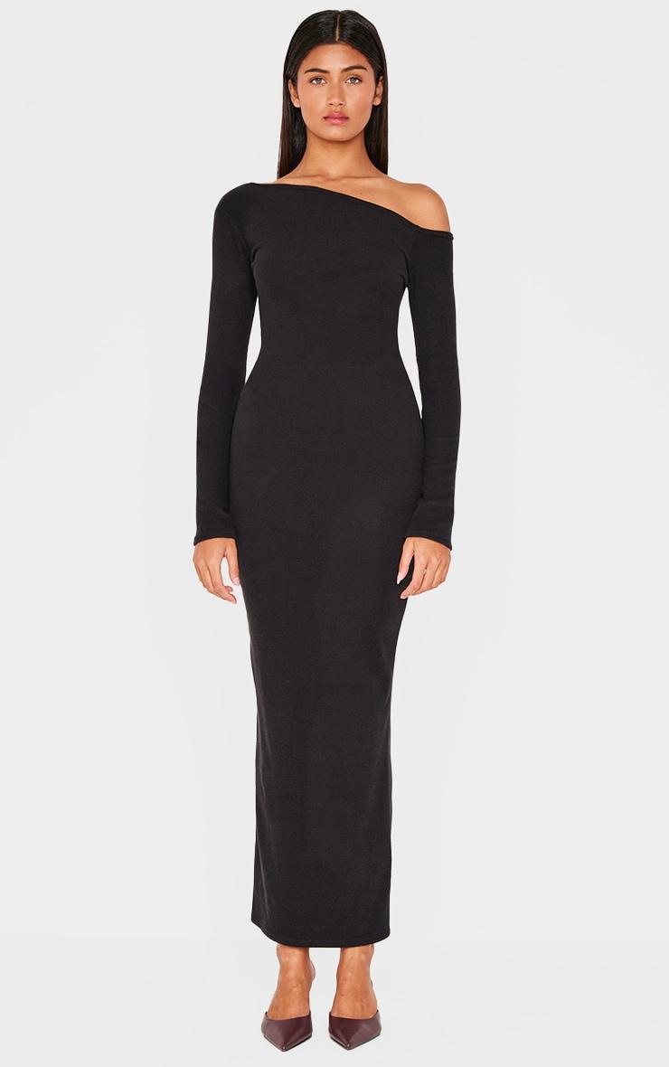 Black Ribbed Bardot Long Sleeve Maxi Dress product image