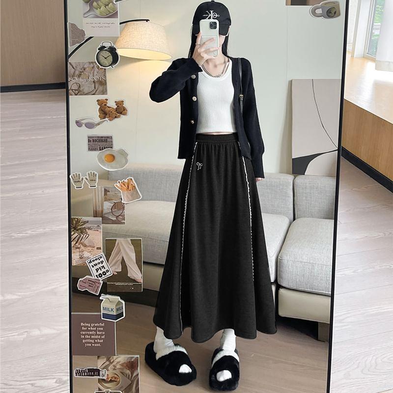 Bow Logo High Waist Plain Lace Trim Maxi A-Line Skirt Product Image