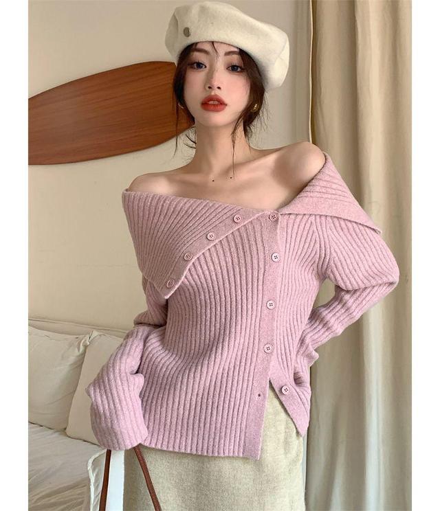 Long-Sleeve Off-Shoulder Plain Asymmetrical Button Knit Top Product Image