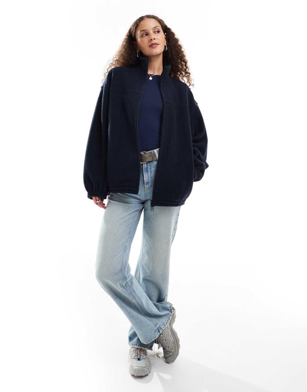 Weekday Lea oversized zip up fleece in navy Product Image